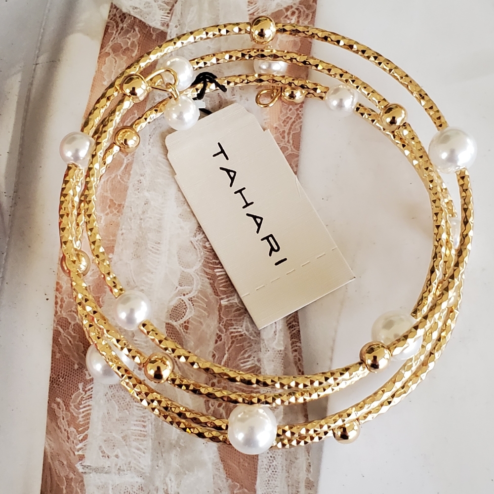 TAHARI Hammered Gold Pearl Coil Bracelet Memory Wire Wrap Spiral Bangle Bypass - Picture 6 of 11
